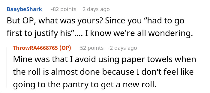 Reddit comments discussing a TikTok trend, focusing on a humorous confession about not replacing paper towels.