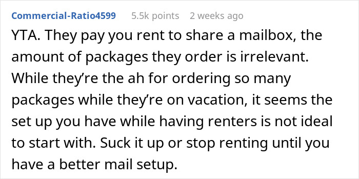 Reddit comment discussing a landlord's mailbox frustration with shopaholic tenants.