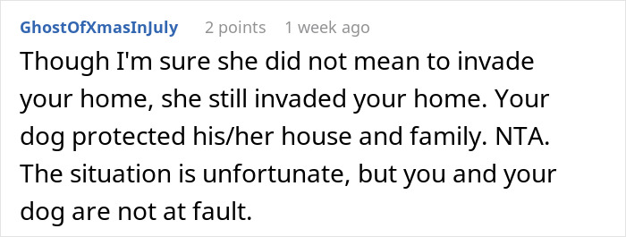 Reddit comment defending a woman whose dog bit a neighbor during a home invasion.