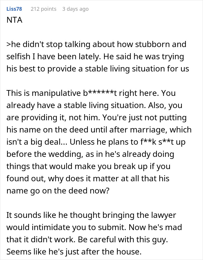 Text discussion on home ownership conflict between woman and fianc&eacute; seeking legal advice.
