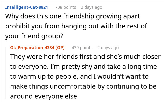 Reddit comment thread discussing friendship issues and feeling shy around a friend group.
