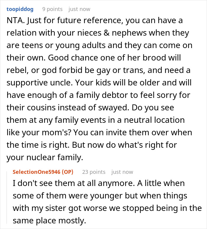 Comments discussing sibling relationship dynamics and childcare responsibilities. Comments discussing sibling relationship dynamics and childcare responsibilities.