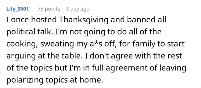 Text discussing hosting Thanksgiving with rules about avoiding political talk. Text discussing hosting Thanksgiving with rules about avoiding political talk.