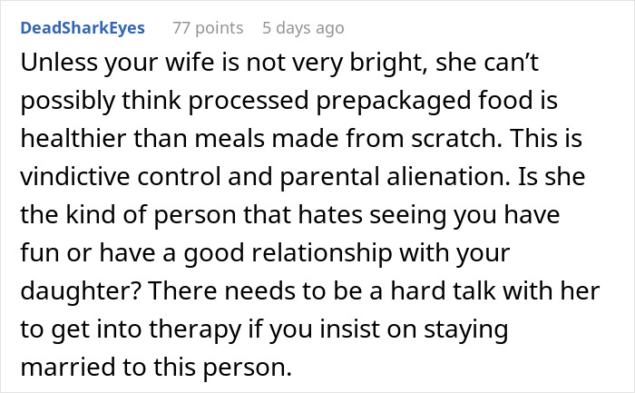 Reddit comment criticizing wife’s food preferences and suggesting therapy, related to complaints about processed vs. fresh meals. Reddit comment criticizing wife’s food preferences and suggesting therapy, related to complaints about processed vs. fresh meals.