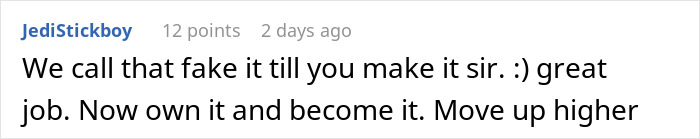 "Comment praising someone for getting a $140,000 finance job by lying on resume.