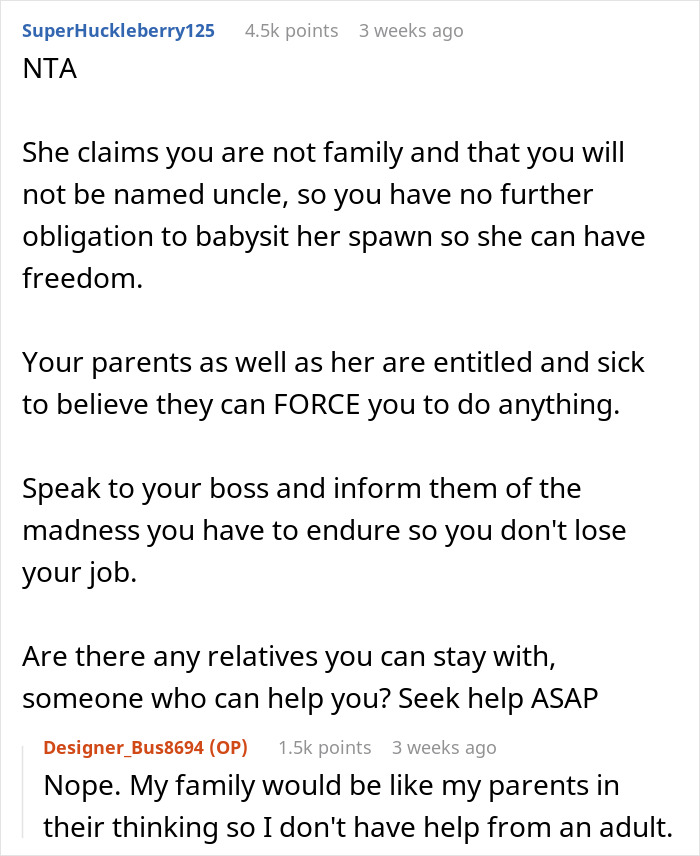 Reddit post debate about a woman requesting her teen brother change his name for her baby and act as a nanny.