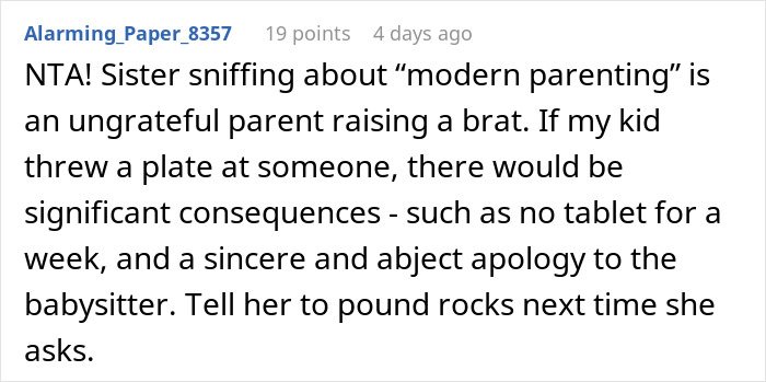 A Reddit comment discussing consequences for a child who threw a plate, relating to finding another babysitter.