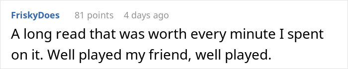 Comment praising a read about condo renovations and landlord revenge. Comment praising a read about condo renovations and landlord revenge.