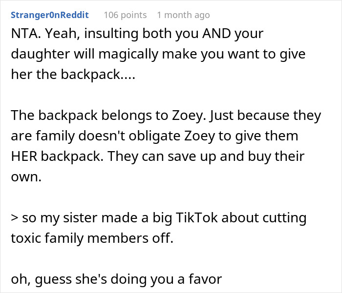Reddit comment about not giving away child's rare backpack and family entitlement. Reddit comment about not giving away child's rare backpack and family entitlement.