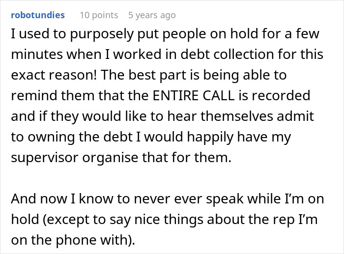 Text describes a woman putting people on hold in debt collection to record their admissions.