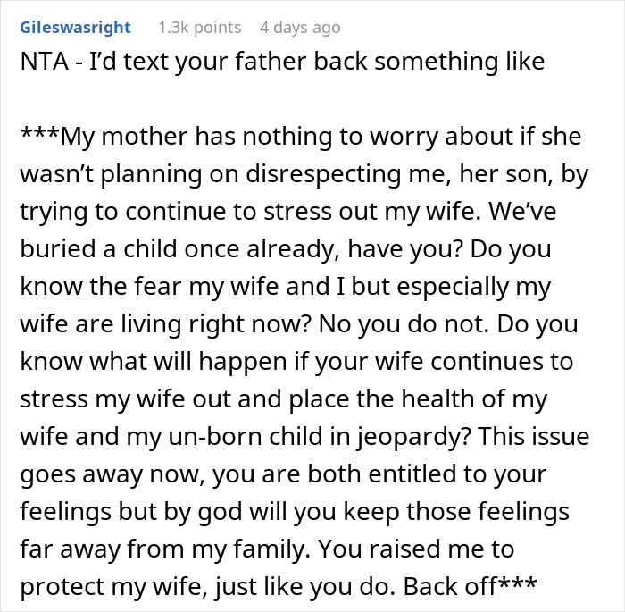 Reddit comment about protective response to MIL's actions affecting wife and unborn baby.