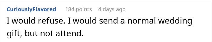 Reddit comment about refusing to attend a wedding due to a "wedding tax" request.