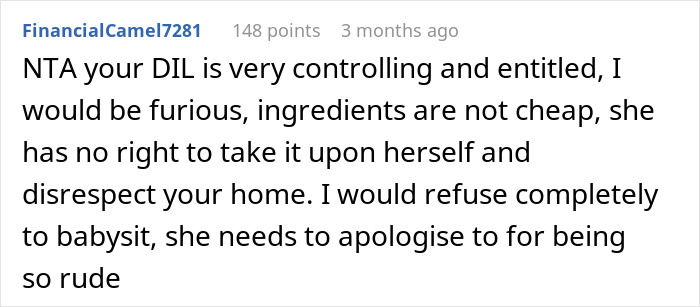 Comment criticizing DIL's actions in homemade cookies dispute. Comment criticizing DIL's actions in homemade cookies dispute.