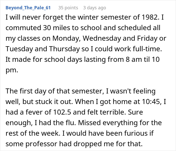 Text recounting a college experience with a demanding schedule and an unexpected illness.