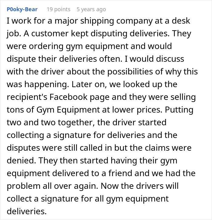 Text about delivery disputes due to gym equipment sales, affecting shipment approvals, requiring signatures for future deliveries.