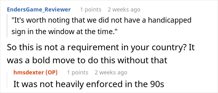 Reddit comments about a handicapped parking sign not being in a window, discussing past enforcement.