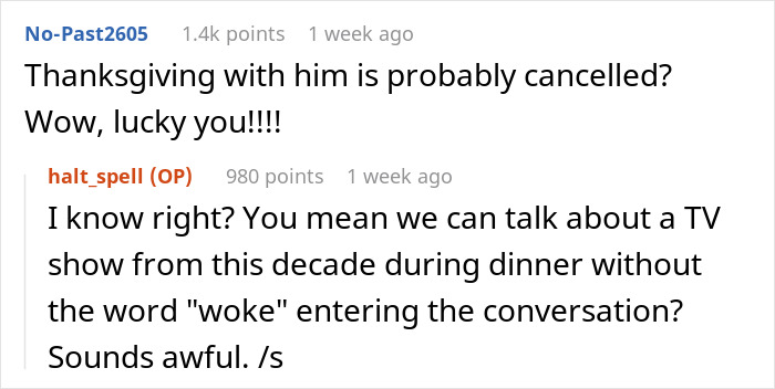 Comments discussing Thanksgiving plans and modern TV shows in a humorous context.