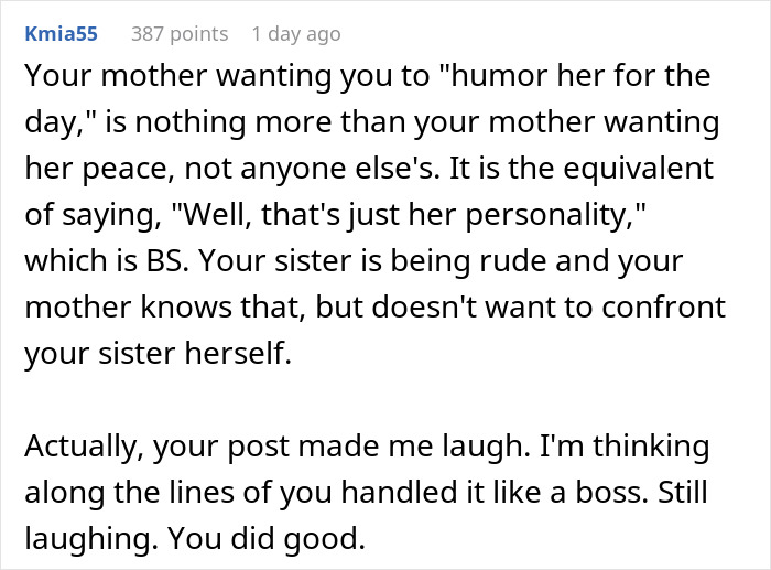 Comment discussing a sister's rules for Thanksgiving, mentioning humor and handling a situation well. Comment discussing a sister's rules for Thanksgiving, mentioning humor and handling a situation well.