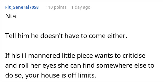 Text response to a woman's decision not to invite brother's girlfriend to Thanksgiving due to eye-rolling behavior. Text response to a woman's decision not to invite brother's girlfriend to Thanksgiving due to eye-rolling behavior.