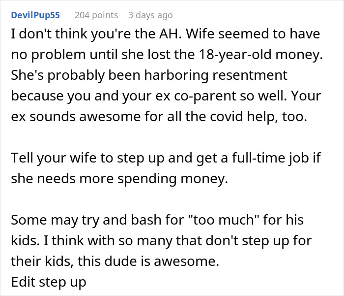 Comment discussing husband supporting kids despite wife's demands in a Reddit thread.