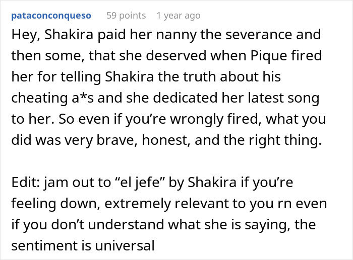 Text discussing a nanny exposing her boss's husband's infidelity and subsequent events.