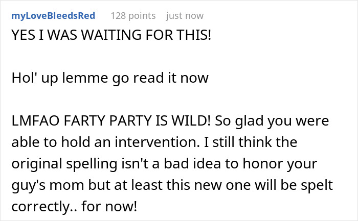 Text conversation about a child's name choice, mentioning "Farty Party" and discussing an intervention. Text conversation about a child's name choice, mentioning "Farty Party" and discussing an intervention.