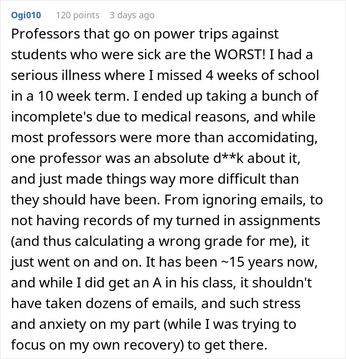 Text screenshot of a college student's story about a difficult professor, highlighting challenges faced due to illness.
