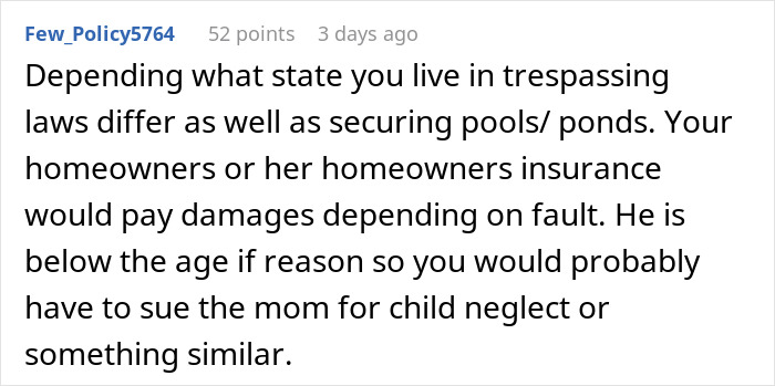 Comment discussing trespassing laws and homeowner's insurance in relation to a pond incident involving a child.