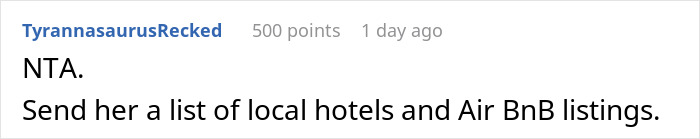 Reddit comment suggesting alternatives to a couple imposing rules at a sister's apartment.