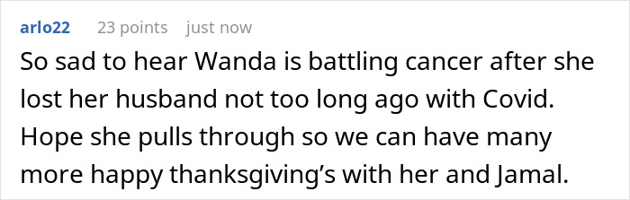 Comment discusses Wanda's battle with cancer and hopes for future Thanksgivings with her and Jamal, viral strangers.