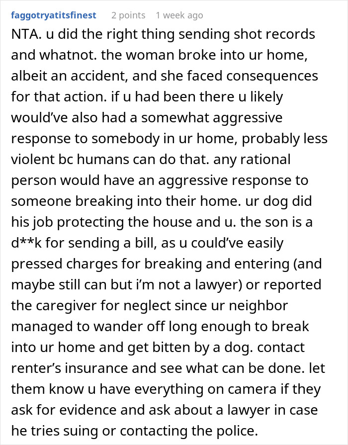 Reddit comment discussing a woman refusing to pay after her dog bit a neighbor who broke in.