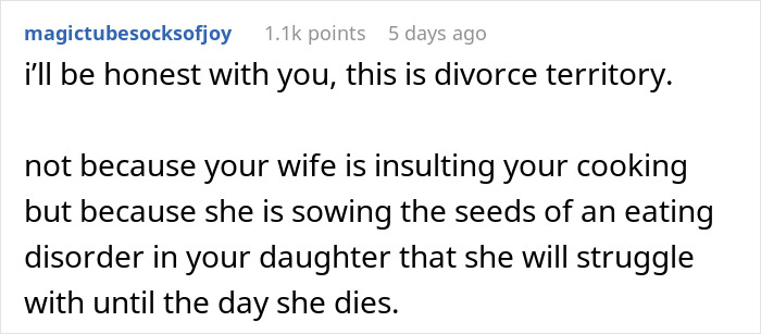 Reddit comment addressing wife's food complaints and their impact on family relationships. Reddit comment addressing wife's food complaints and their impact on family relationships.