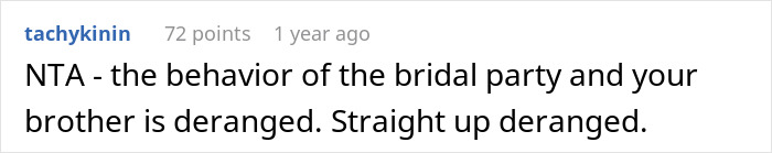 Reddit comment criticizing the behavior of a bridal party and brother over a wedding guest's pantsuit outfit.