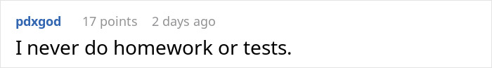 Reddit comment saying "I never do homework or tests" related to recruiter ghosting candidate story.