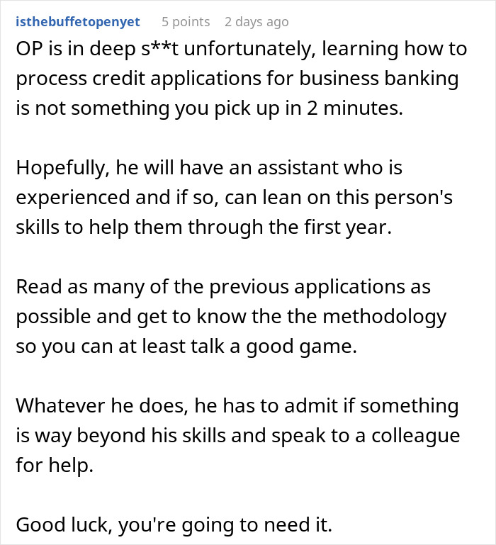 Text discussion about someone lacking experience in finance and coping with a new job.