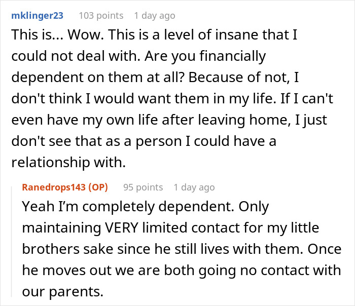 Comments discussing parents' influence and limited contact regarding dependency issues. Comments discussing parents' influence and limited contact regarding dependency issues.