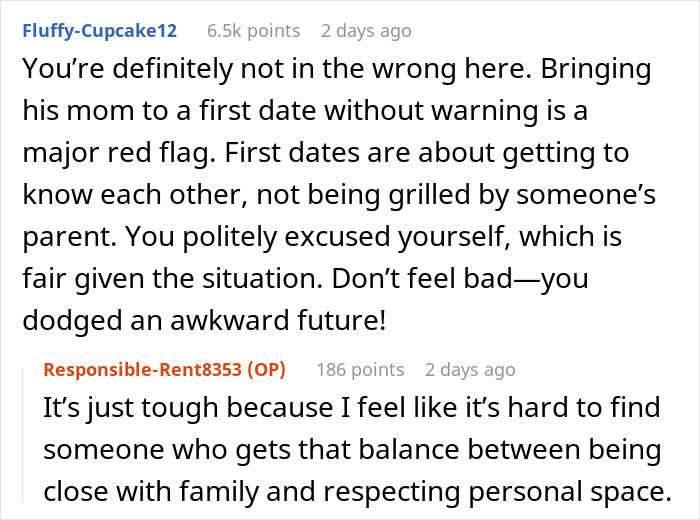 Reddit discussion on a woman leaving a date early due to the man's mom attending unexpectedly.