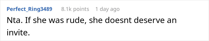 Reddit comment discussing a woman refusing to invite her brother's girlfriend to Thanksgiving due to rudeness. Reddit comment discussing a woman refusing to invite her brother's girlfriend to Thanksgiving due to rudeness.