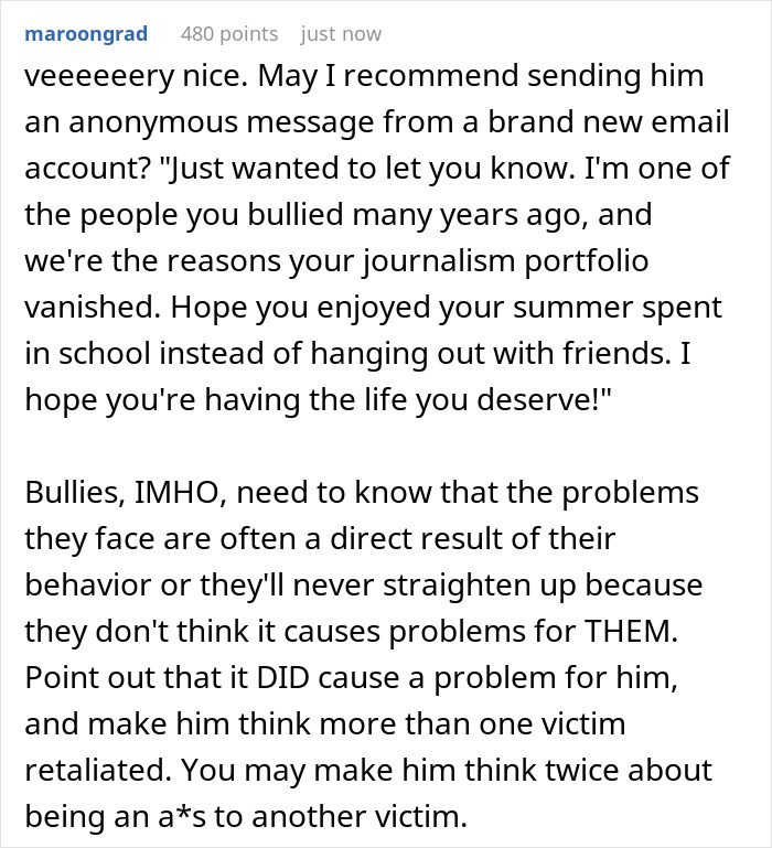 Comment discussing consequences for bullies and addressing retaliation from a bullied teen.