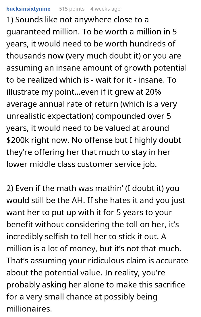 Man Relying On Wife's Salary Tells Her "Tough It Out For 5 Years" At Toxic Job To Make Them Rich Man Relying On Wife's Salary Tells Her "Tough It Out For 5 Years" At Toxic Job To Make Them Rich