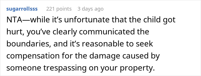 Reddit comment discussing a legal issue about a neighbor's child falling into a private pond, emphasizing property rights.