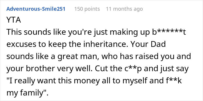 Text from an online comment discussing inheritance and family dynamics. Text from an online comment discussing inheritance and family dynamics.