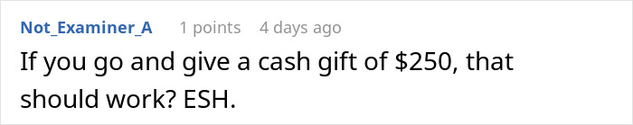 Comment suggesting cash gift of $250 related to wedding tax issue.