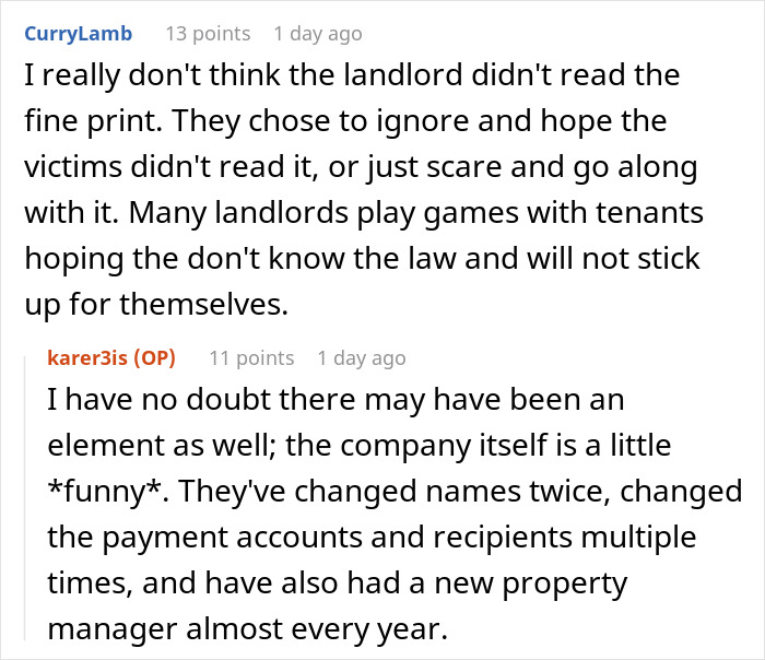 Reddit comments discussing landlord tactics and fine print in tenant agreements.