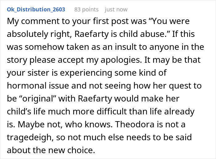 Text exchange discussing a child's name, Raefarty, being criticized as potentially leading to bullying. Text exchange discussing a child's name, Raefarty, being criticized as potentially leading to bullying.