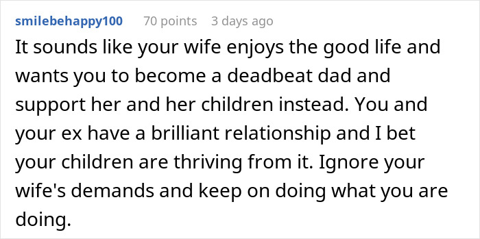 Comment discussing a wife's demands about husband's child support to his ex.