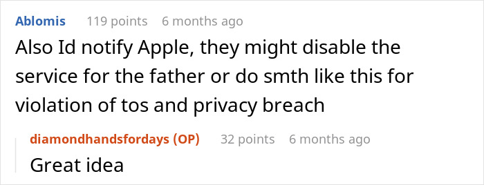Reddit comment discussing reporting ex-father-in-law's AirTag misuse for privacy breach. Reddit comment discussing reporting ex-father-in-law's AirTag misuse for privacy breach.