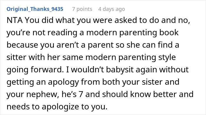Comment discussing quitting babysitting nephew due to bad behavior.
