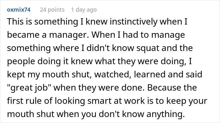 Reddit comment about managing by observing and praising workers, related to working-too-fast malicious compliance. Reddit comment about managing by observing and praising workers, related to working-too-fast malicious compliance.