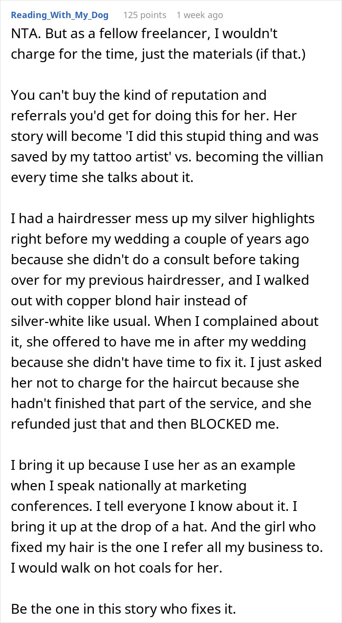 Text discussing a woman's unfortunate first tattoo experience, comparing it to a hairdresser mishap before a wedding.